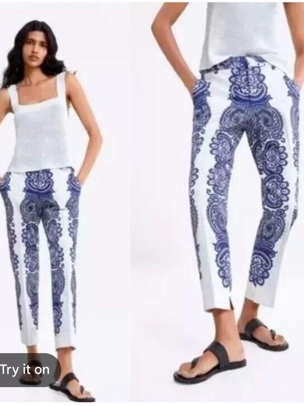 White and Navy Paisley Print Slim  chino Pants